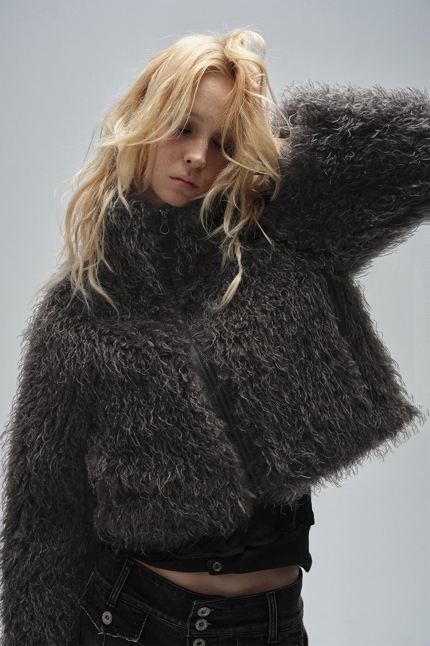 Dark Gray Faux Fur Zipper Jacket
