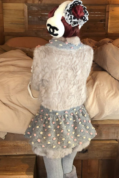 Vintage-Style Fur Patchwork Polka Dot Gray and Pink Set-Up