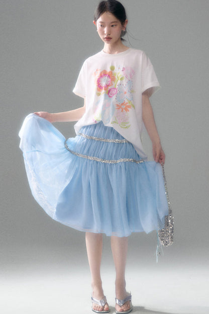Hand-Painted Floral Bird Embroidered T-Shirt