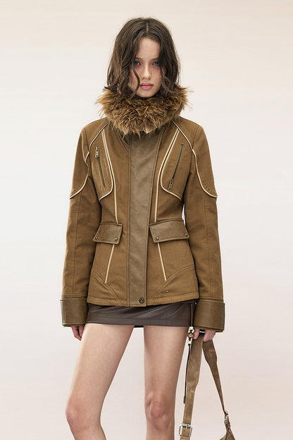 Gesteppte Baumwolljacke im Patchwork-Stil mit Lederapplikation