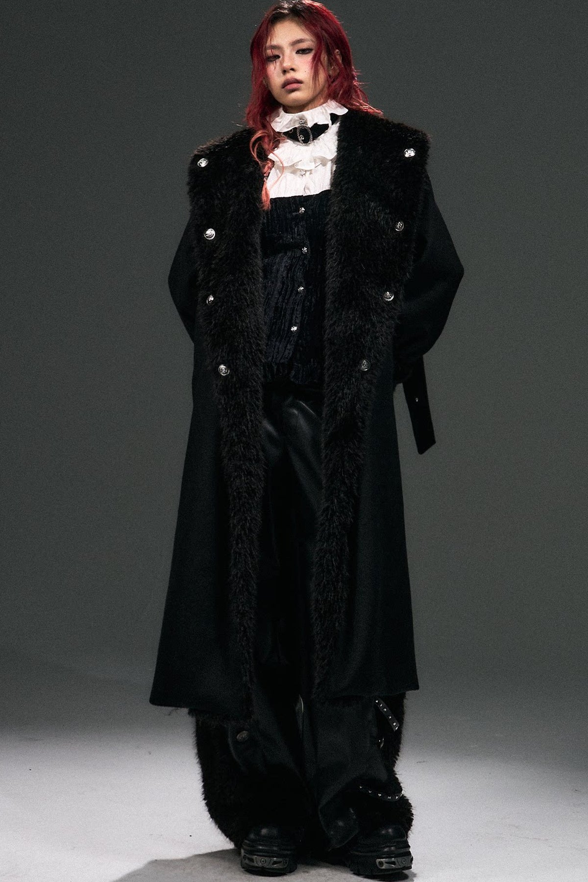 Large Fur Collar Loose Lace-Up Oversized Long Woolen Coat