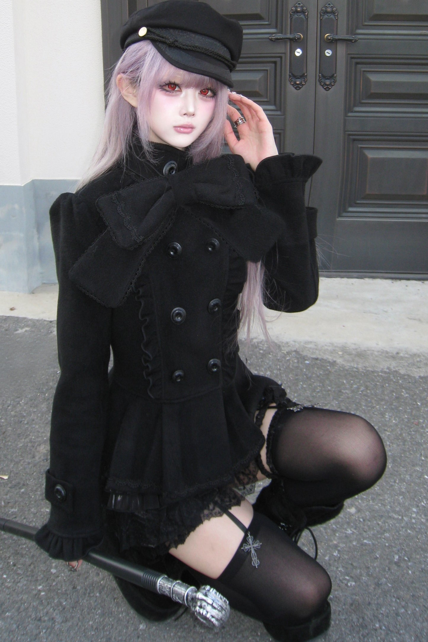 Detachable Bow Woolen Coat and Dress Set