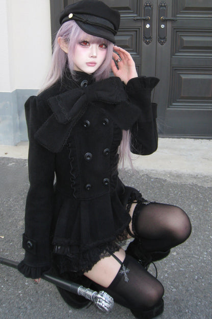 Detachable Bow Woolen Coat and Dress Set