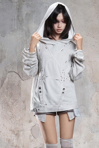 Loose Distressed Rivet Hooded Sweatshirt