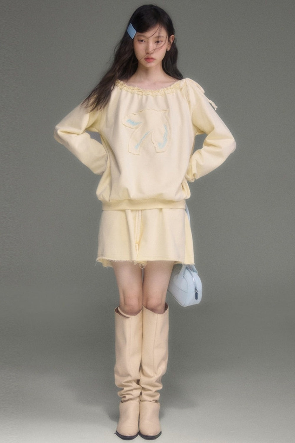Bird And Tulip Raw Edge Patchwork Sweatshirt And Shorts Set