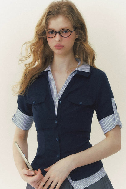 Plaid Patchwork Polo Top