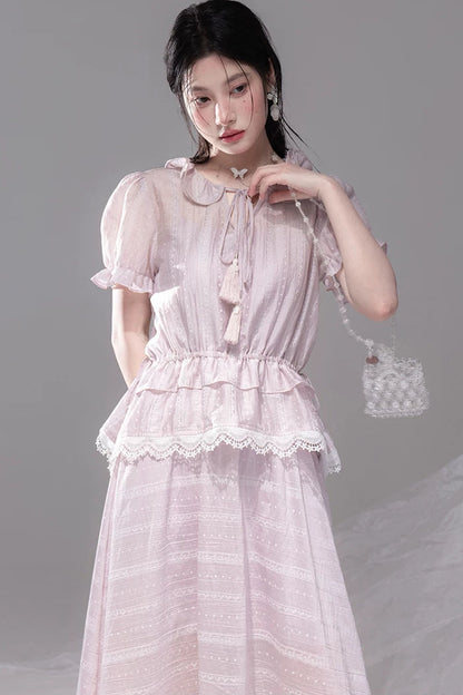 Romantic Sicily Lyocell Ruffle Collar Blouse Set-Up