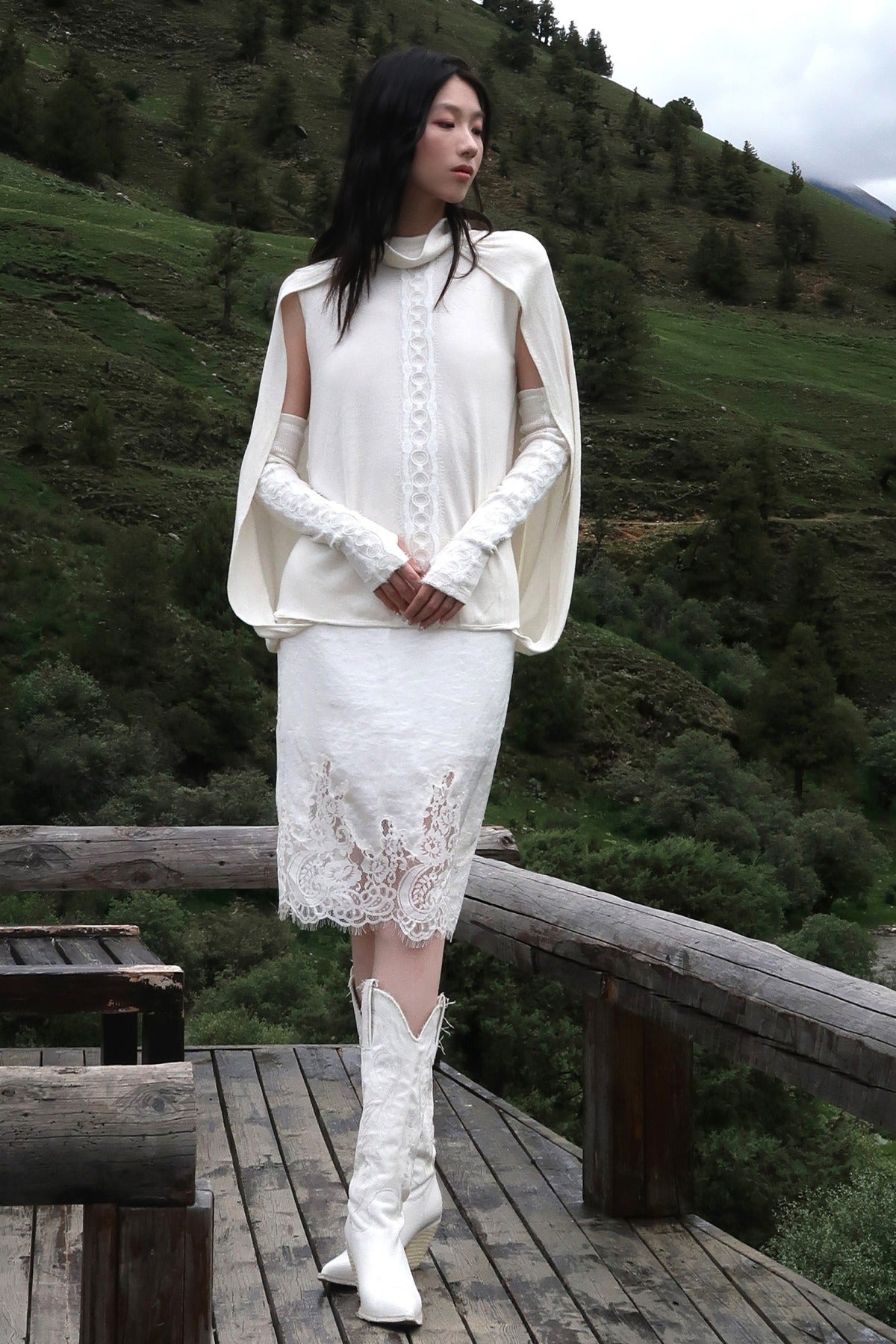 Lace Patchwork Cape Knit Top