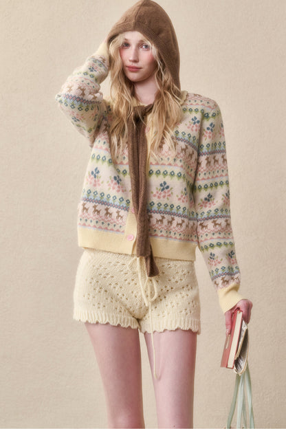 Reindeer Fair Isle Lace Trim Cardigan Top