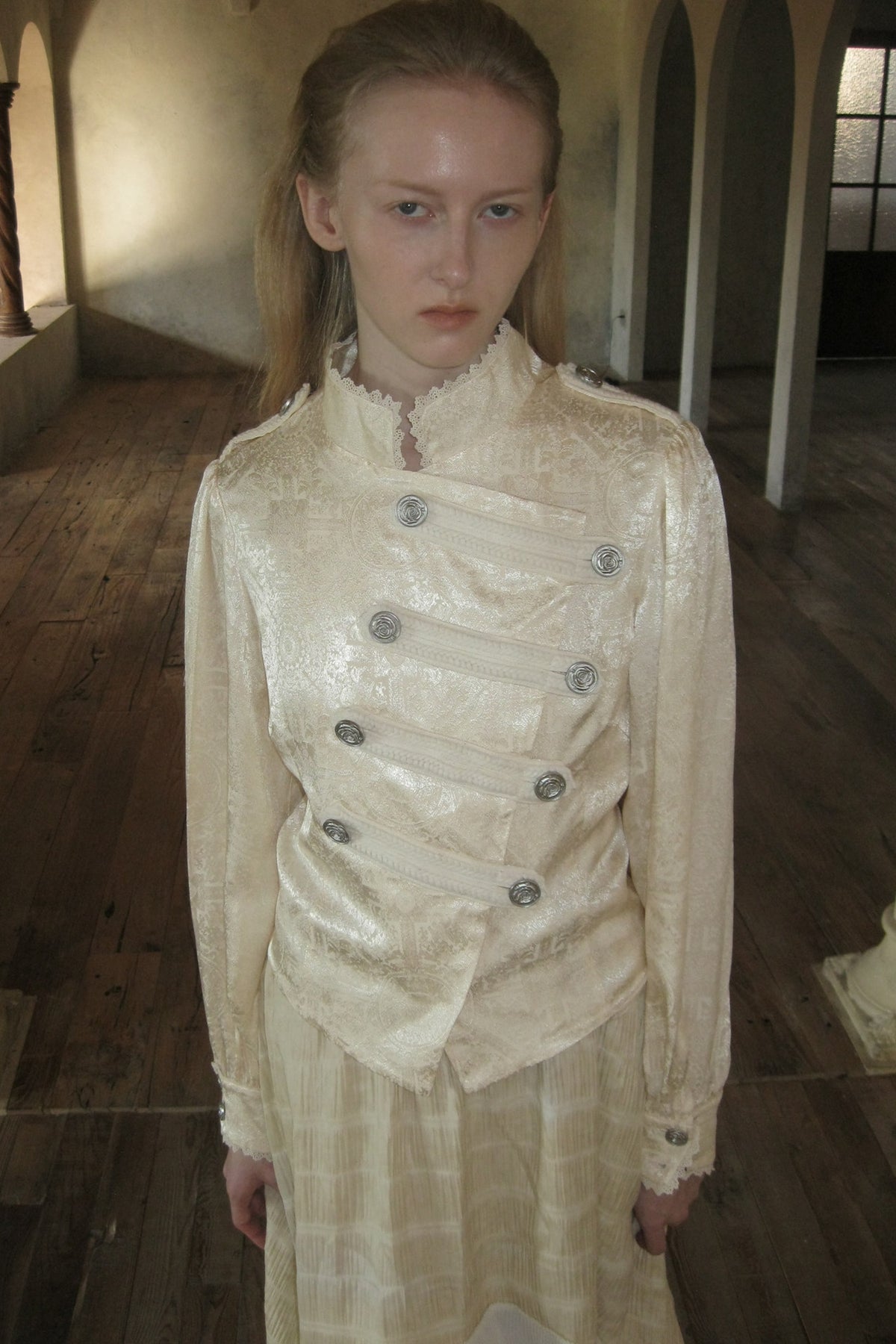 Beige Lace Stand Collar Jacket