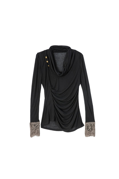 Pleated Cowl Neck Lace Trim Top