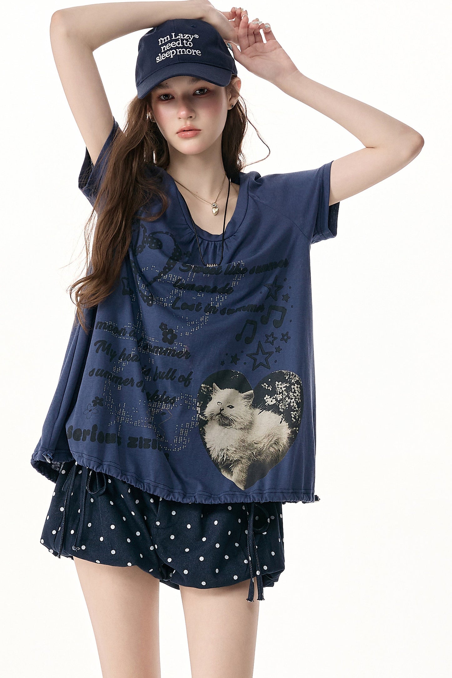 Cat Print Drawstring Short Sleeve T-Shirt