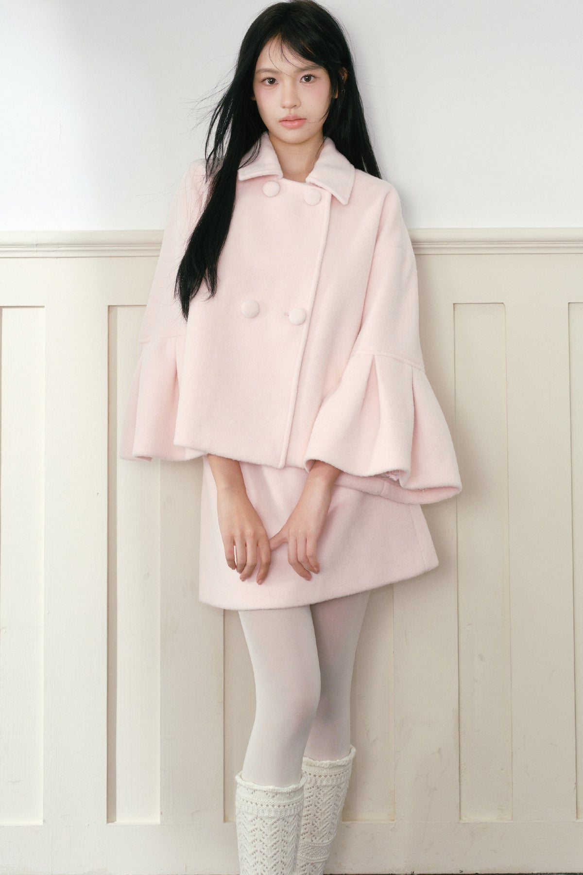 Completo cappotto e gonna in lana rosa