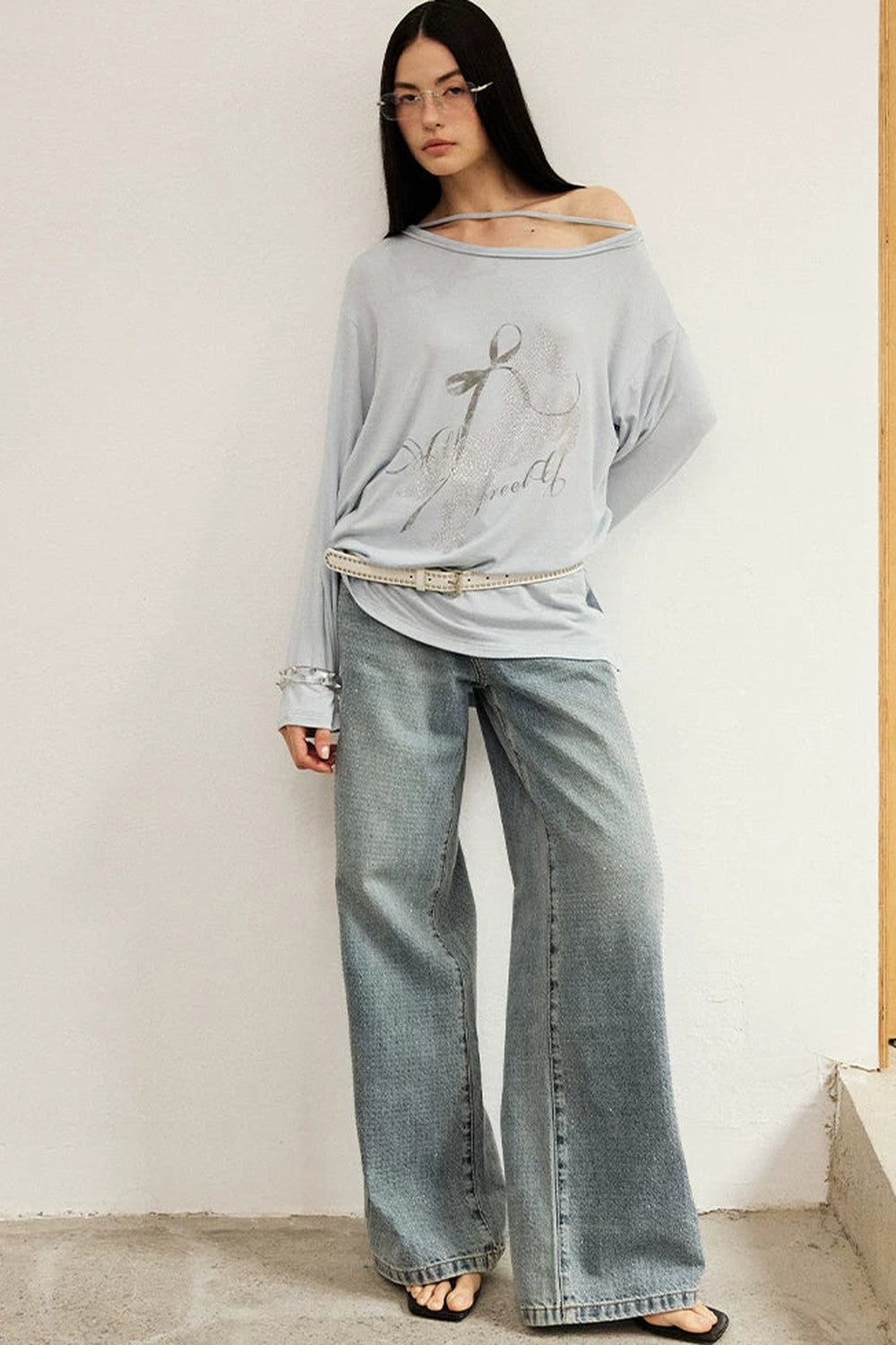 Distressed Rhinestone Off-Shoulder Top