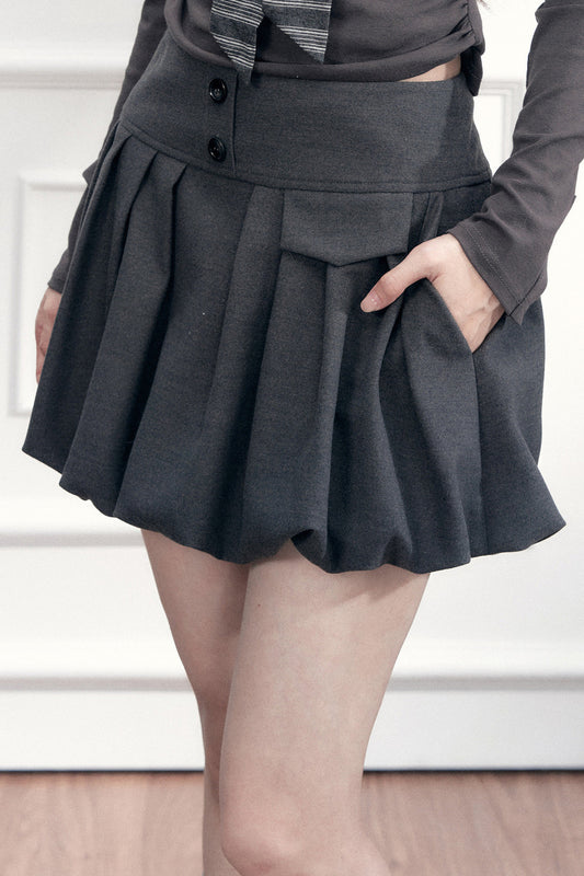 A-Line Pleated Pocket Bud Waist Skirt