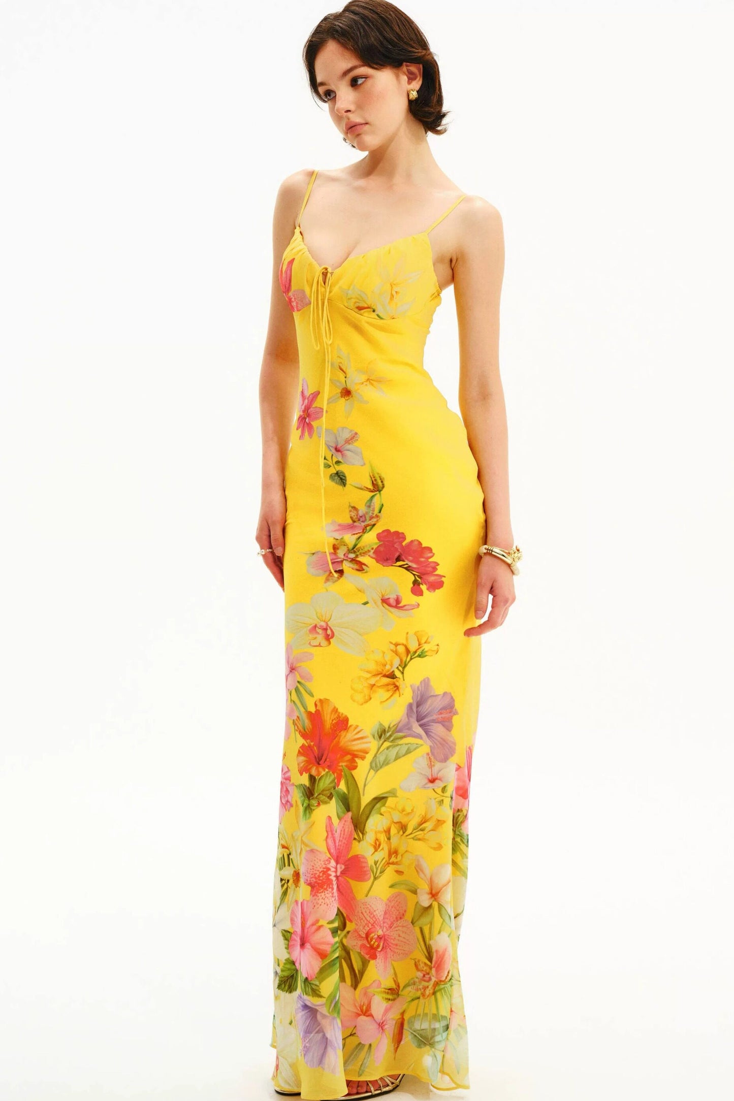 Tropisches handbemaltes Slipkleid mit Blumenmuster und V-Ausschnitt