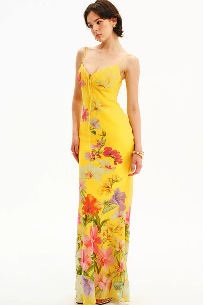 Tropisches handbemaltes Slipkleid mit Blumenmuster und V-Ausschnitt