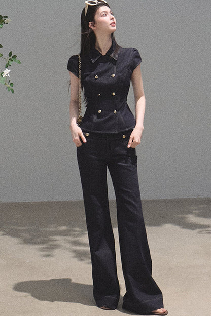 Retro Denim Waist-Cinching Dress Set-Up