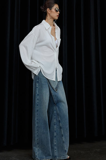 Asymmetrical Deconstructed Denim Wide-Leg Pants