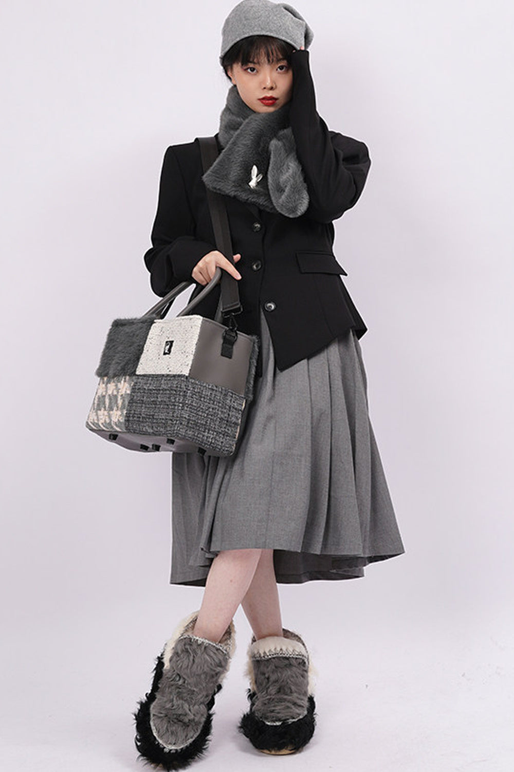 Furry Color-Block Tote Bag