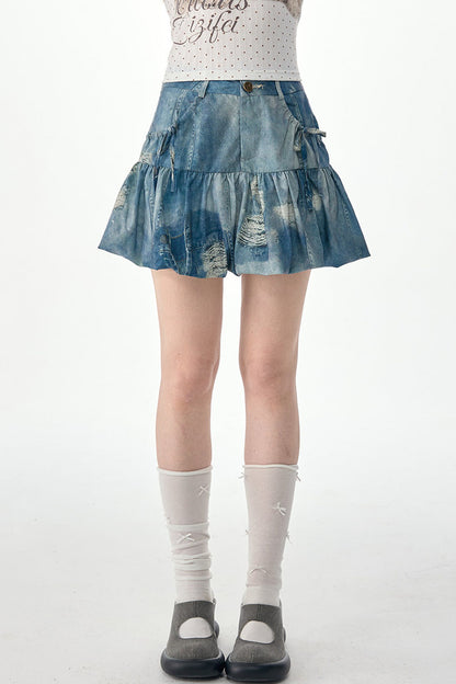 Distressed Puffy Denim Mini Skirt