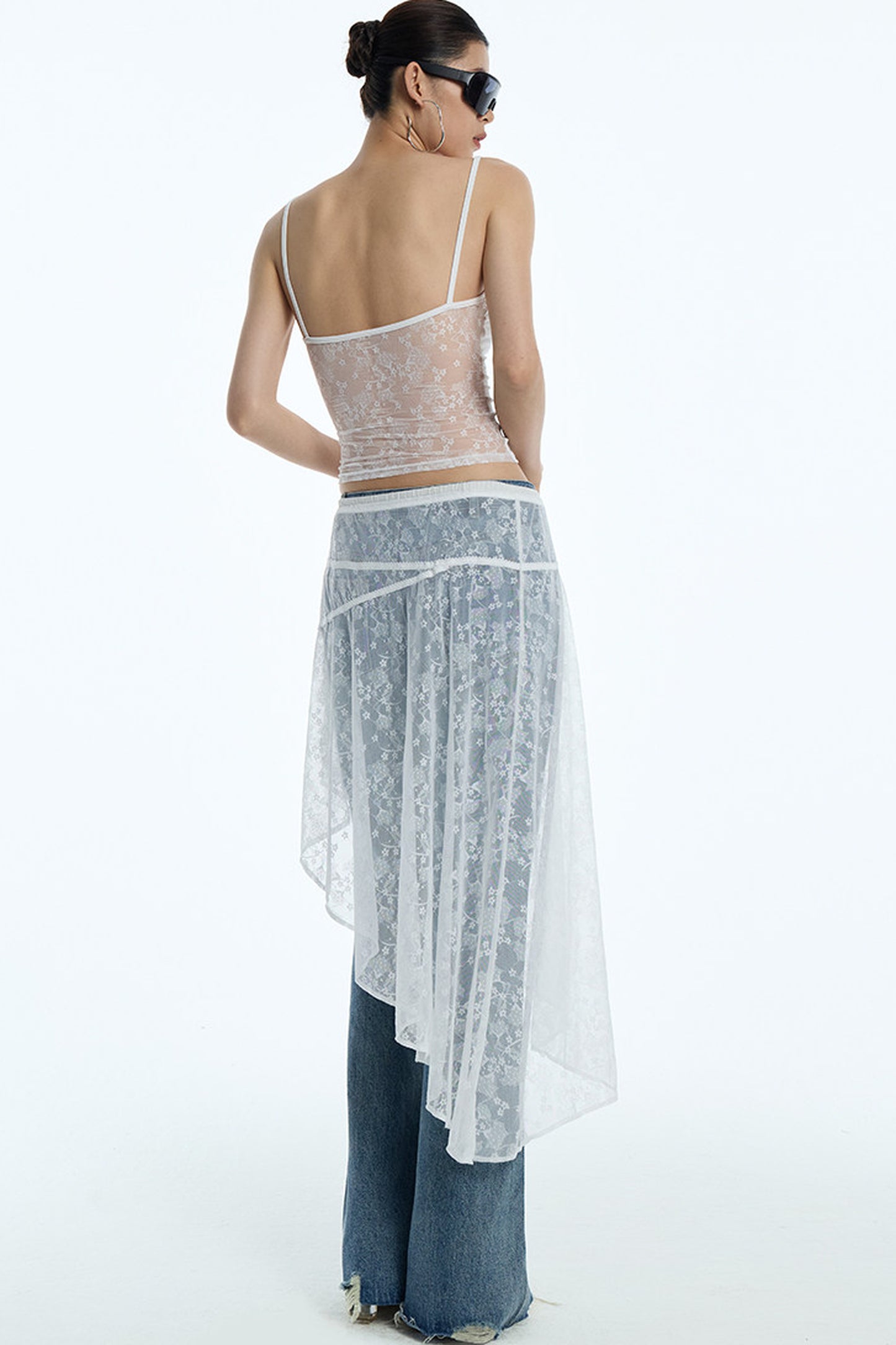 Sheer White Lace Side Ruffle Skirt