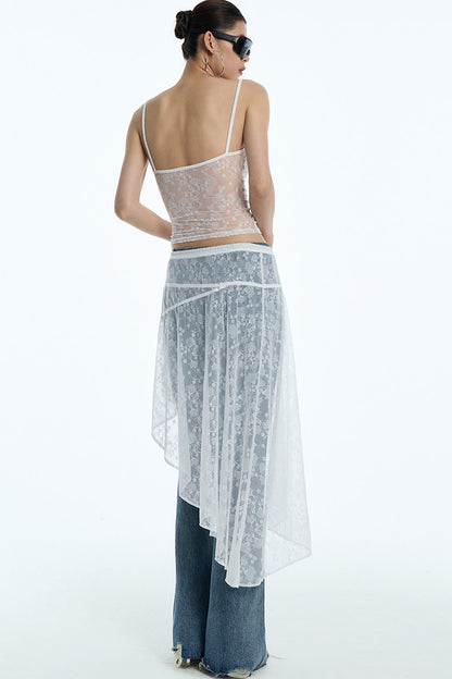 Sheer White Lace Side Ruffle Skirt