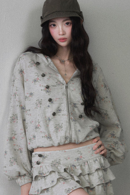 Floral Hooded Sweatshirt Camisole Ruffled Tiered Skirt Set-Up