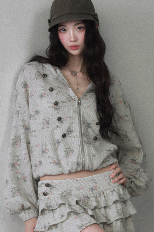 Floral Hooded Sweatshirt Camisole Ruffled Tiered Skirt Set-Up