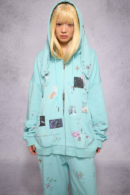 Bunny Ear Rhinestone Sticker Sweat Jacket