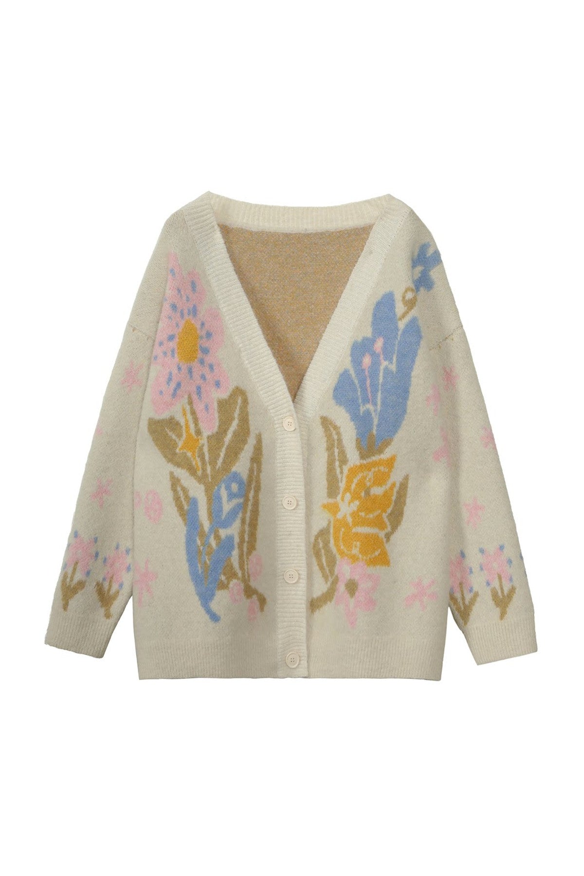 Ear-Flap Bird Tulip Jacquard Wool Cardigan