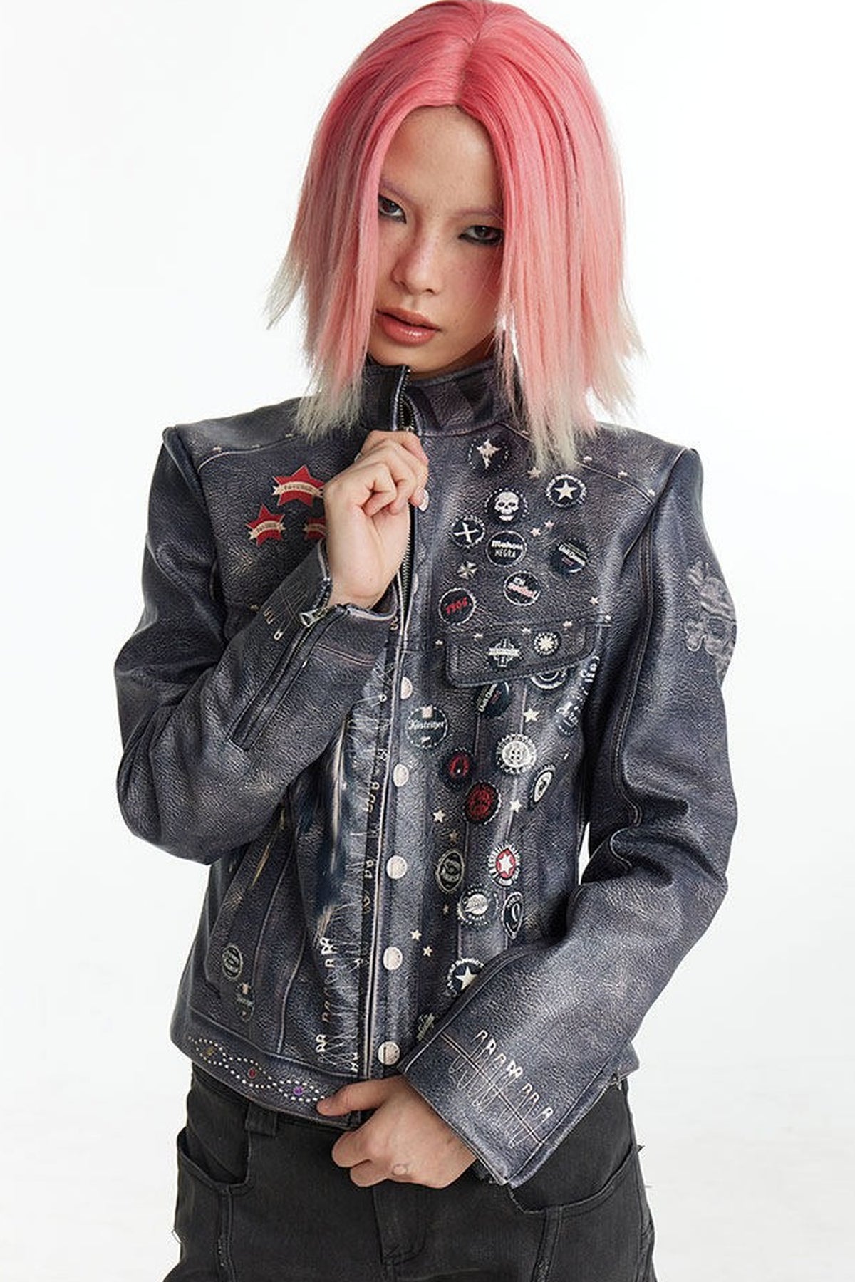 Distressed Punk Biker Leather Jacket