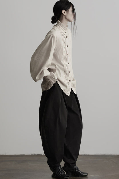 Pleated Cotton Linen Stand-Up Collar Shirt
