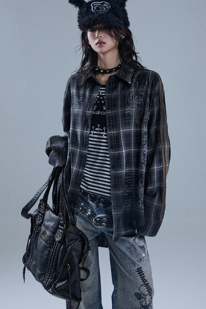 Long-Sleeved Striped Patchwork Plaid Shirt