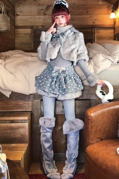 Vintage-Style Fur Patchwork Polka Dot Gray and Pink Set-Up