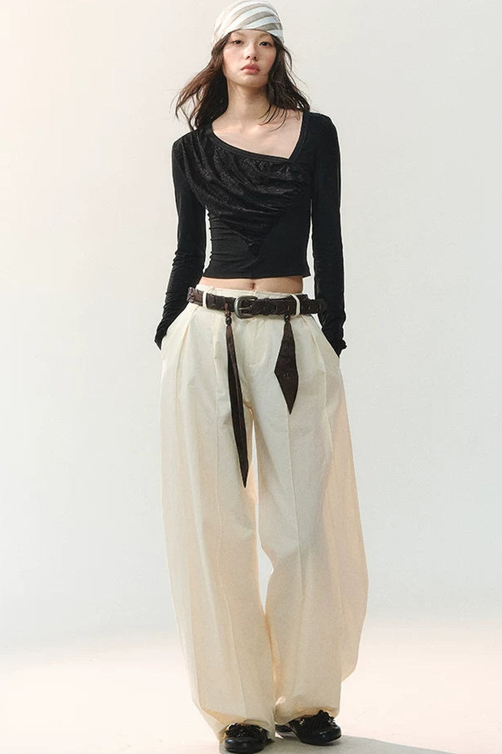 Ink Pleated Lace Asymmetrical T-Shirt