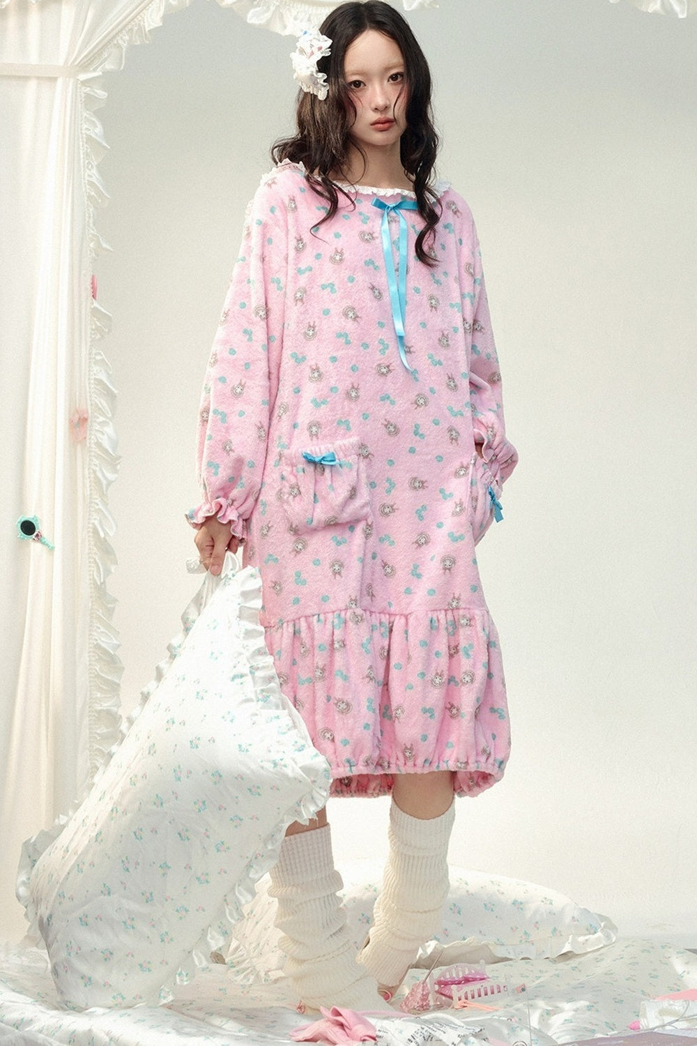 Pink Floral Flannel Ruffled Hooded Robe