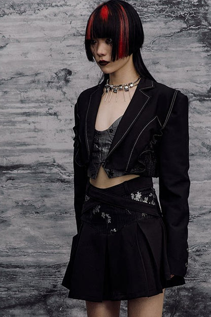 Dark Slimming Patchwork Lapel Jacket Set