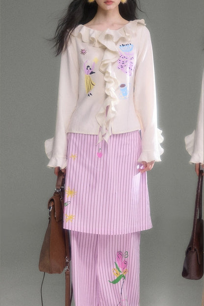 French Ruffle Flared Long-Sleeve Blouse