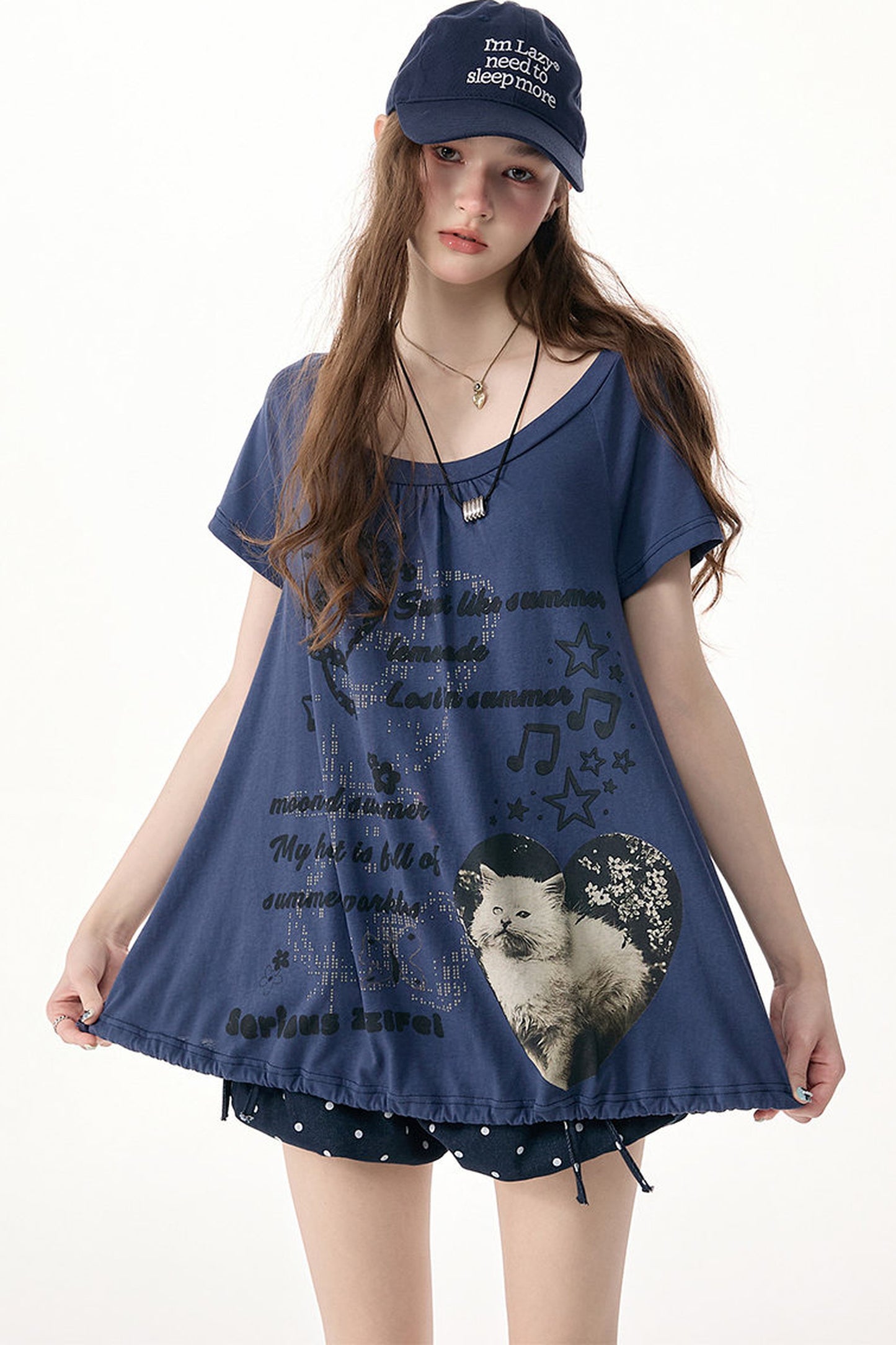 Cat Print Drawstring Short Sleeve T-Shirt