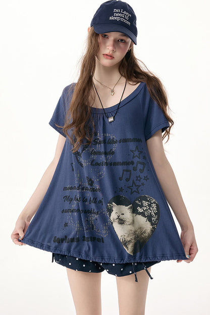 Cat Print Drawstring Short Sleeve T-Shirt