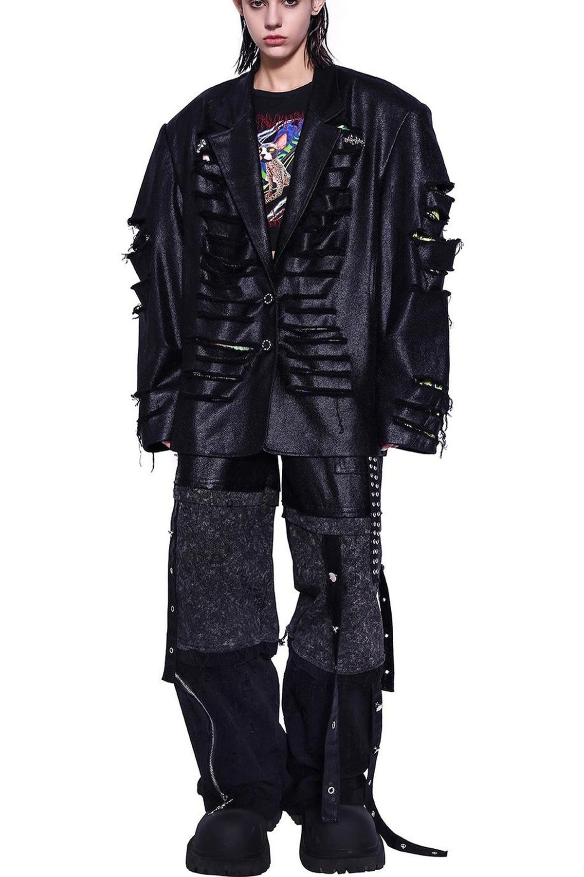 Stacked Patchwork Studded Belt Jeans