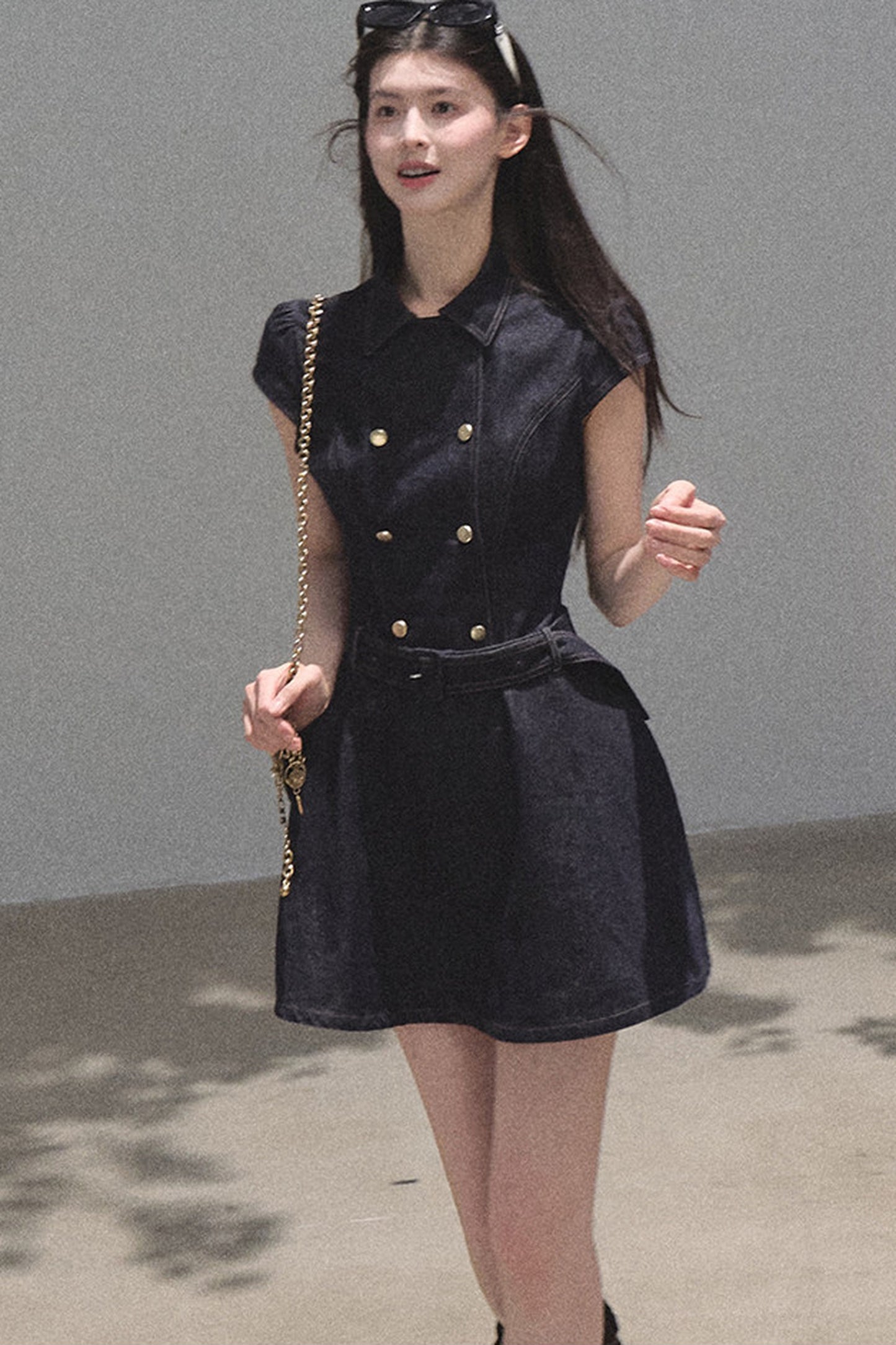 Retro Denim Waist-Cinching Dress Set-Up