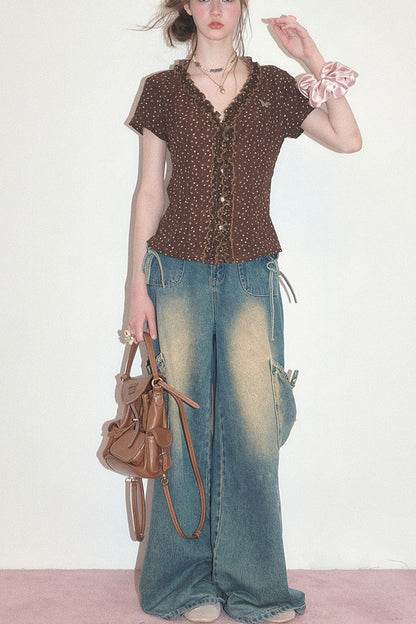Chemisier marron en dentelle à pois