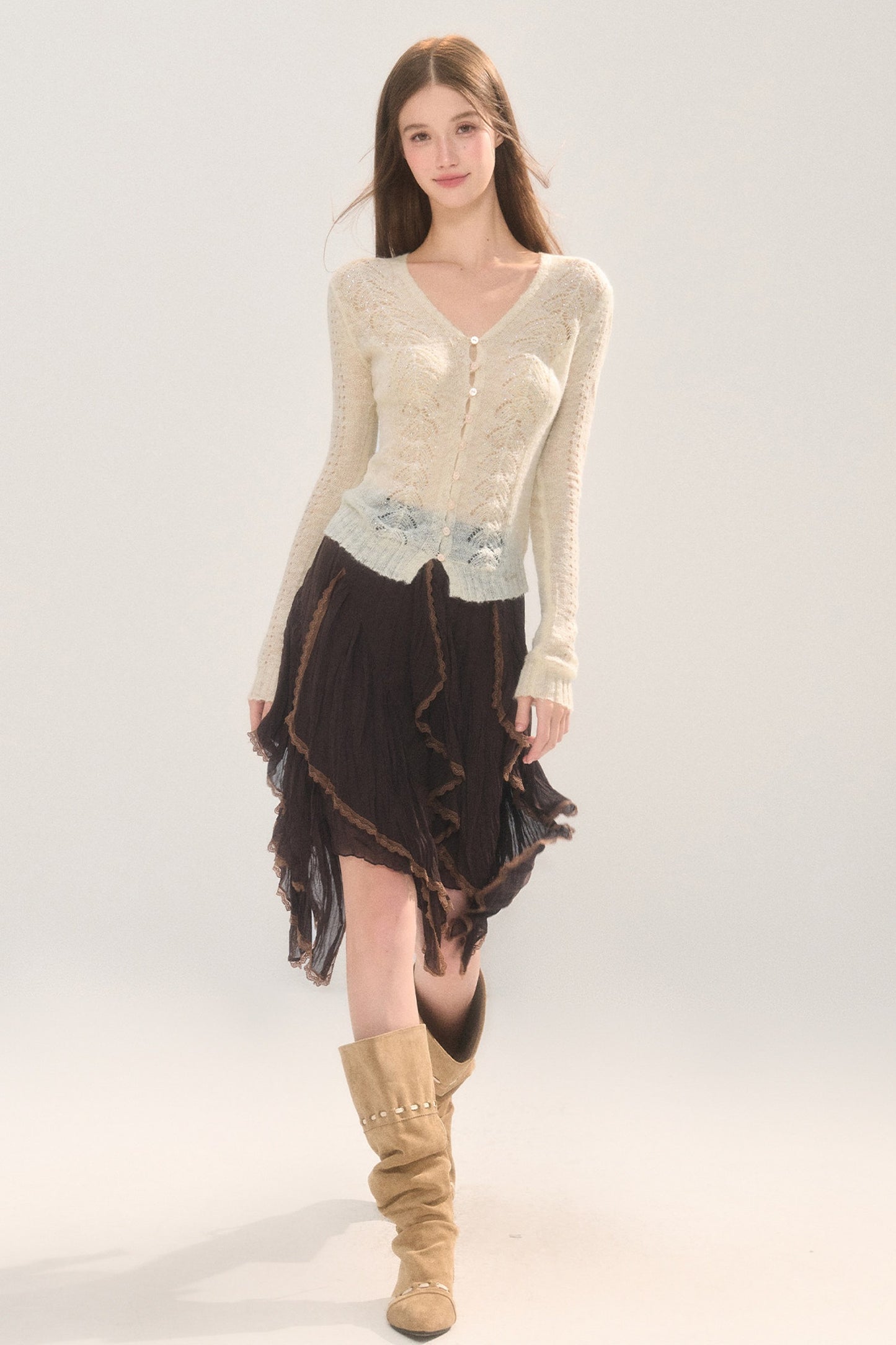Rhinestone Hollow-Out Knit Cardigan Top