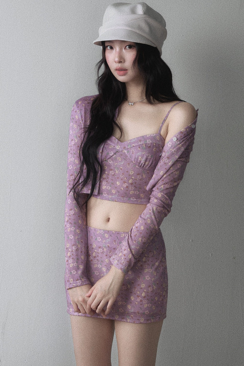 Purple Floral Knit Cardigan and Bodycon Skirt Set-Up