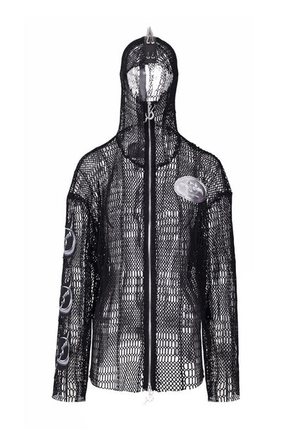 Rivet Hooded Mesh Patch Embroidery Jacket