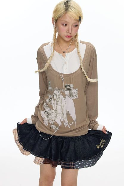 Brown Layered-Look Long Sleeve T-Shirt