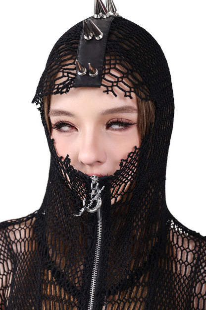 Rivet Hooded Mesh Patch Embroidery Jacket