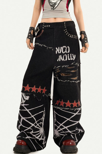Ripped Graffiti Wide-Leg Jeans